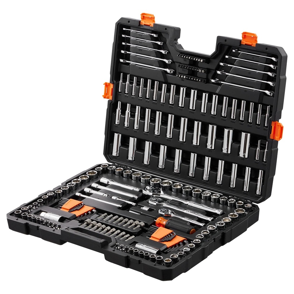 SKYSHALO Mechanics Tool Set and Socket Set, 1/4" and 3/8" Drive Deep & Standard Sockets, 205 Piece SAE and Metric Mechanic Tool Kit with Bits, Combination Wrench, Hex Wrenches, Accessories