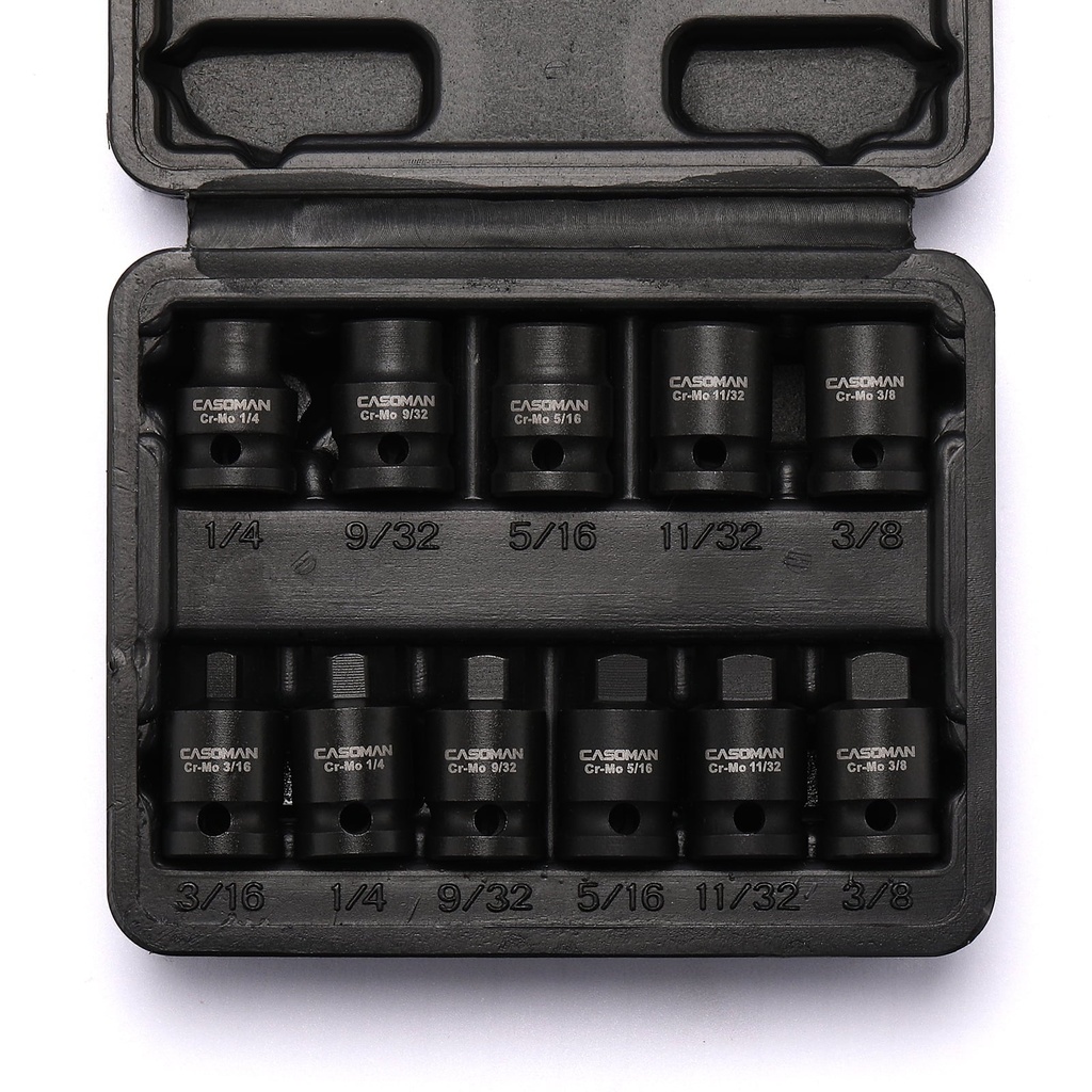 CASOMAN 3/8-Inch Drive Pipe Plug Socekt Set, SAE, CR-MO, Tapered Male Square Drive, Chamfered Female Square Drive,11 Pieces Set
