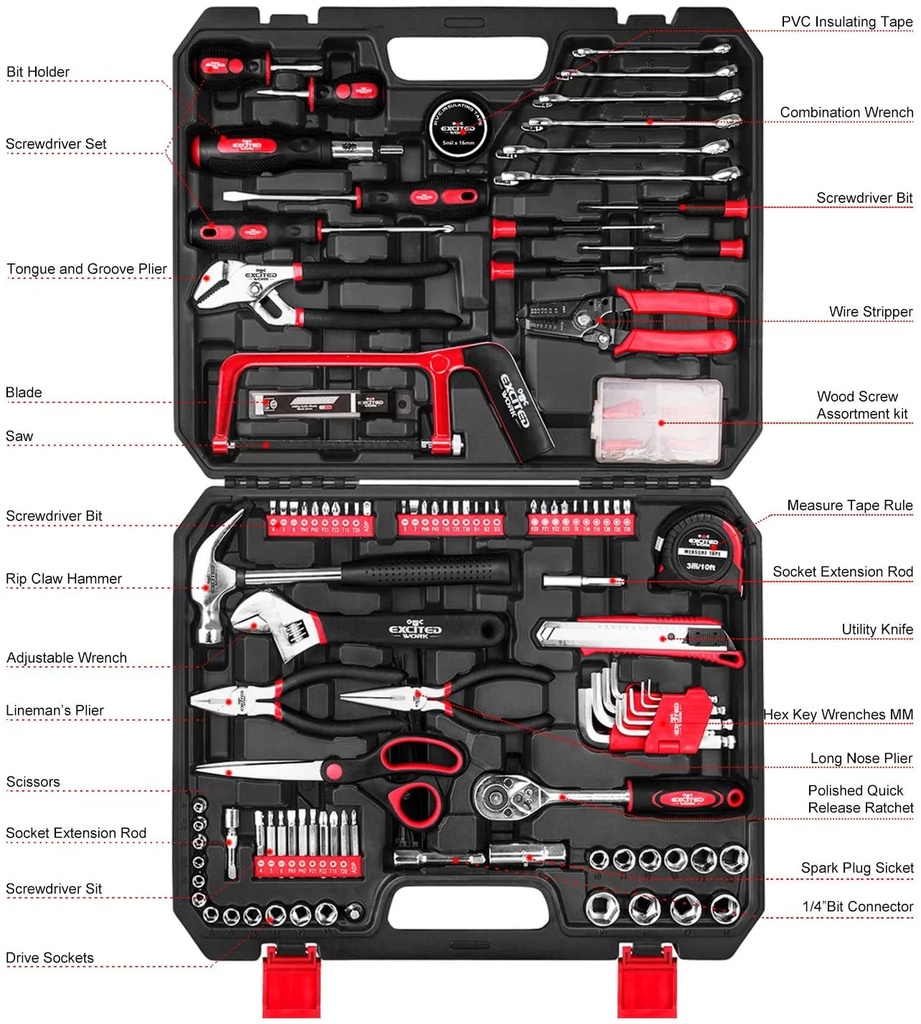 Excited Work EWHT198P011 198-Piece General Household Tool Set W/ Storage Case
