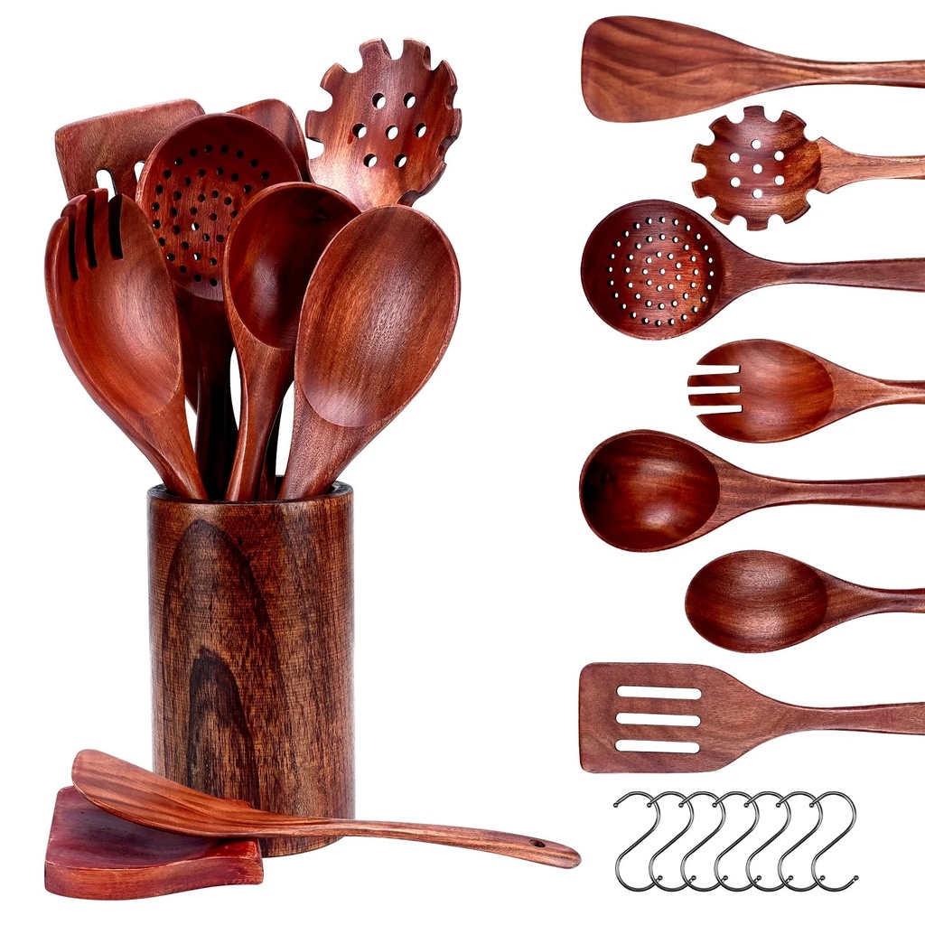 Wooden Spoons for Cooking 16 Piece Set，Lychee Heat Resistant Wooden Kitchen Utensils Set Natural Teak Long Handle Wooden Spoons and Spatula Set for Non-Stick Cookware Set