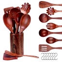 Wooden Spoons for Cooking 16 Piece Set，Lychee Heat Resistant Wooden Kitchen Utensils Set Natural Teak Long Handle Wooden Spoons and Spatula Set for Non-Stick Cookware Set