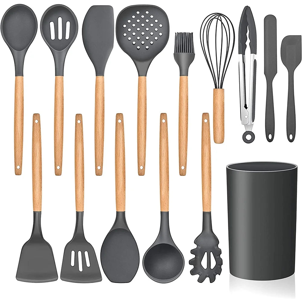 Walchoice 15-Piece Kitchen Silicone Cooking Utensils Set with Holder, Wooden Handle Kitchen Tools, Gray