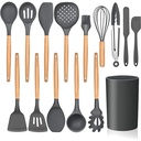 Walchoice 15-Piece Kitchen Silicone Cooking Utensils Set with Holder, Wooden Handle Kitchen Tools, Gray
