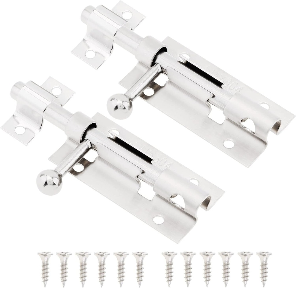 Barrel Bolt Door Lock Latch, 2 Pack 4 Inch Thickened 304 Stainless Steel Sliding Gate Latches with Padlock Hole, Door Security Slide Latch Lock