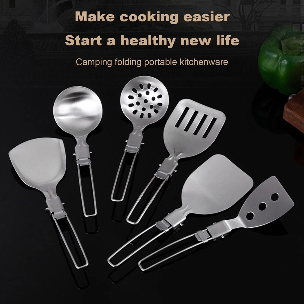 Stainless Steel Camping Cooking Utensil Heat-Resistant Non-Stick Foldable Handle Outdoor BBQ Portable Spatula Turner Colander Spoon