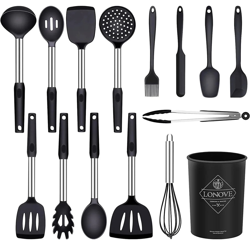 LONOVE Silicone Cooking Utensil Set,14Pcs Silicone Cooking Kitchen Utensils Set, Non-Stick Heat Resistant - Best Kitchen Cookware with Stainless Steel Handle (Black)
