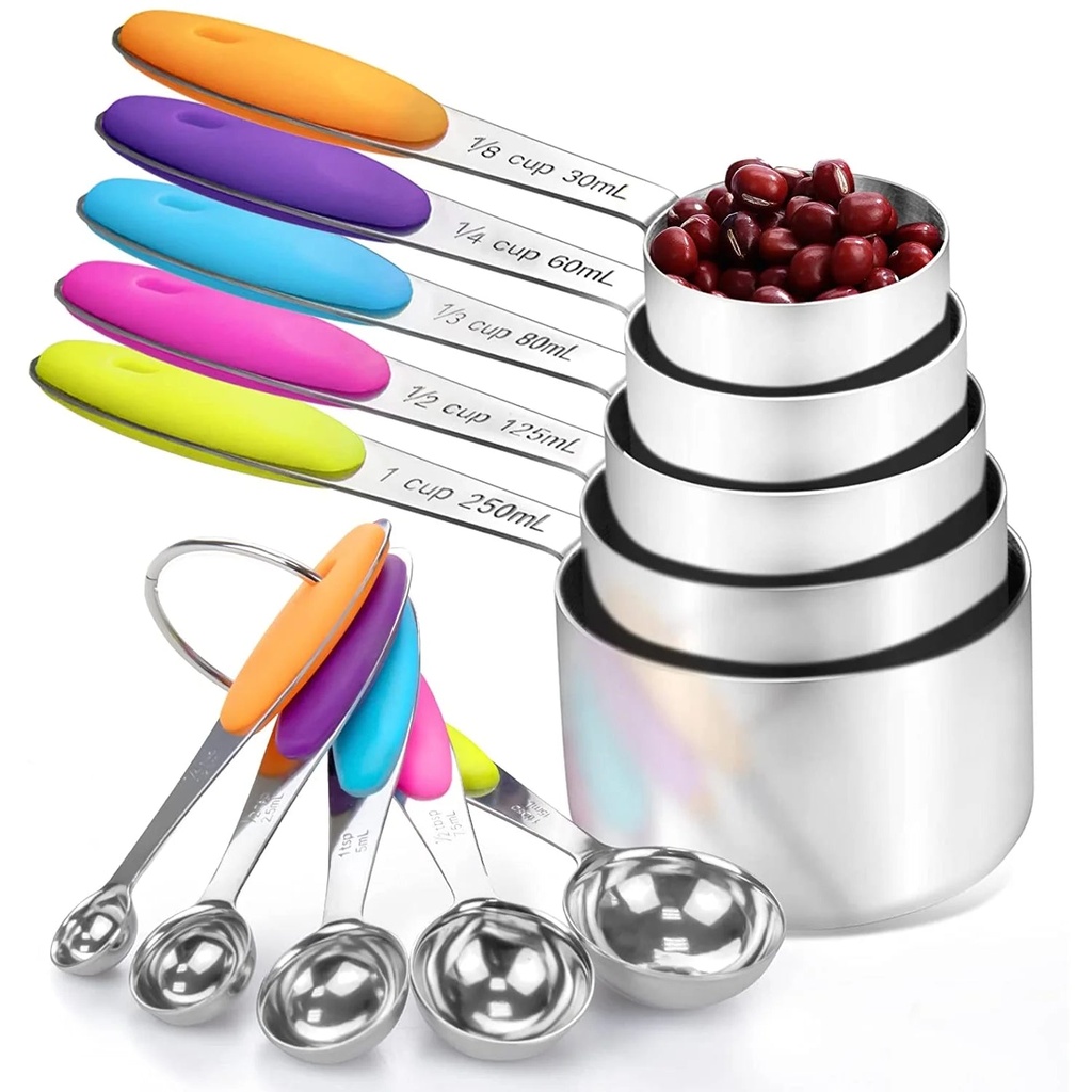 Furrygo 18/8 Stainless Steel Measuring Cups and Spoons Set with Soft Silicone Handles and Clearly Scale, 5 Measuring Spoons, 5 Measuring Cups