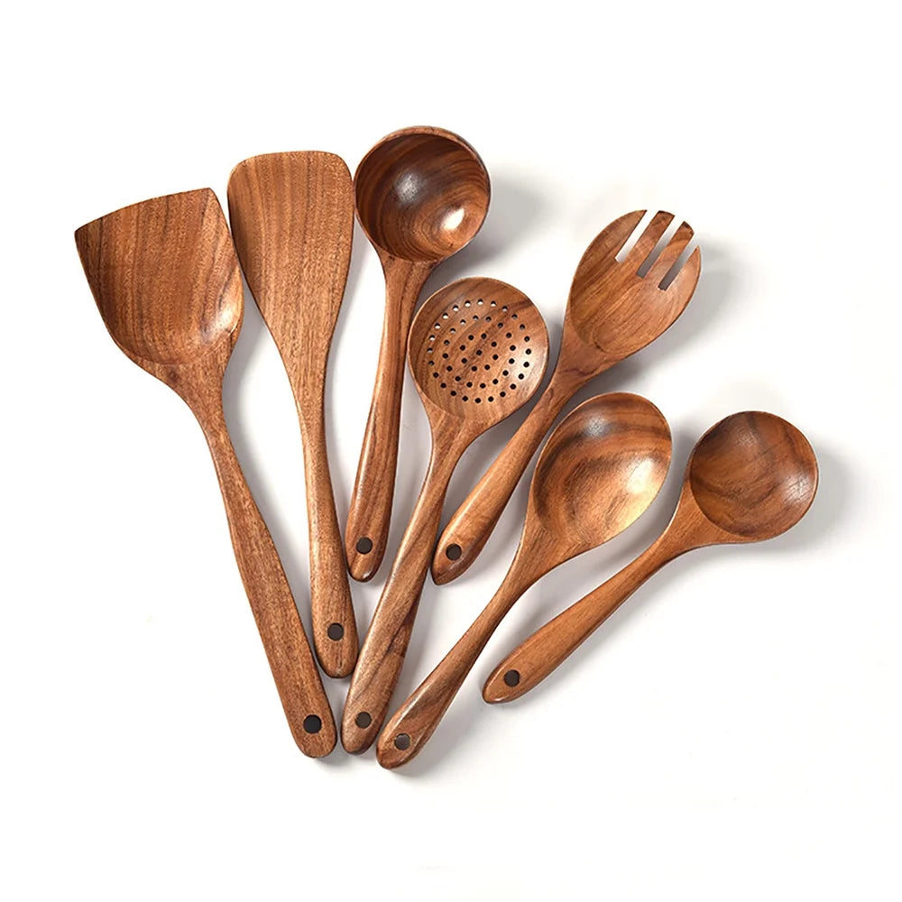 EASTIN 7PCS Teak Wooden Kitchen Cooking Utensils, Non-Stick Spoons and Spatula Cookware for Home and Kitchen