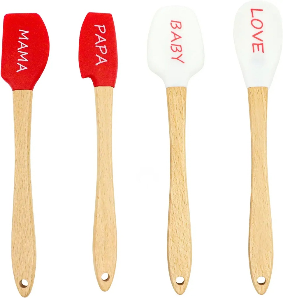 Mini Silicone Spatulas, Caliamary 4 Pieces Silicone Cooking Utensil Set with Spatula Spoon Heat Resistant Seamless One Piece Design for Baking, Mixing, Non-Stick Kitchen Gadget Set with Wooden Handles