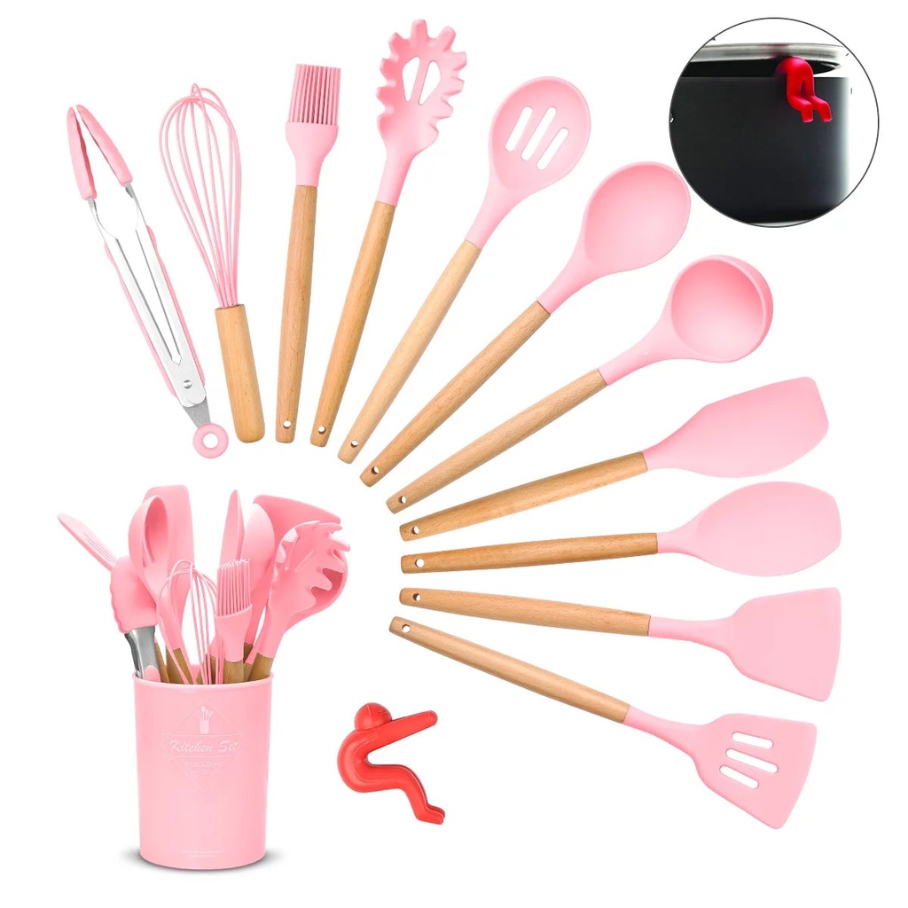 13 Pieces Silicone Kitchen Utensil Set Heat Resistant Kitchen Gadgets with anti Spill Tool (Pink)