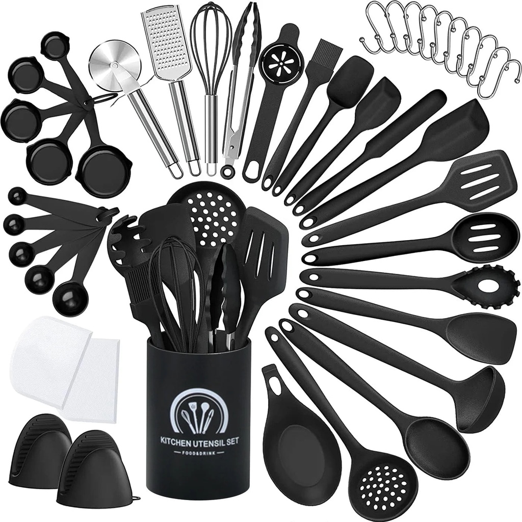Annvchi Silicone Cooking Utensils Set Silicone Utensil Set, 446°F Heat Black Resistant Kitchen Utensils,Turner Tongs,Spatula,Spoon,Brush,Whisk