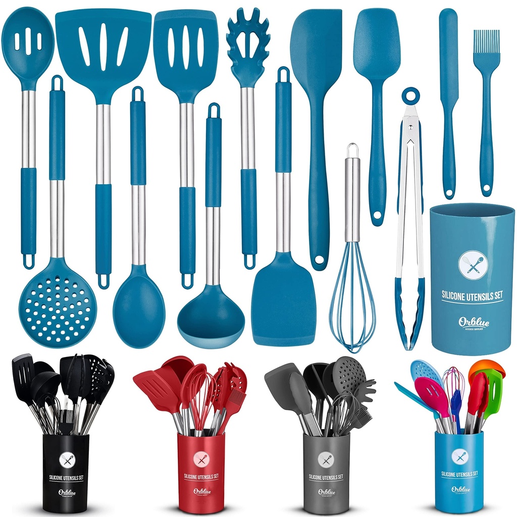 ORBLUE Silicone Cooking Utensil Set, 14-Piece Kitchen Utensils with Holder, Safe Food-Grade Silicone Heads and Stainless Steel Handles with Heat-Proof Silicone Handle Covers, Gray