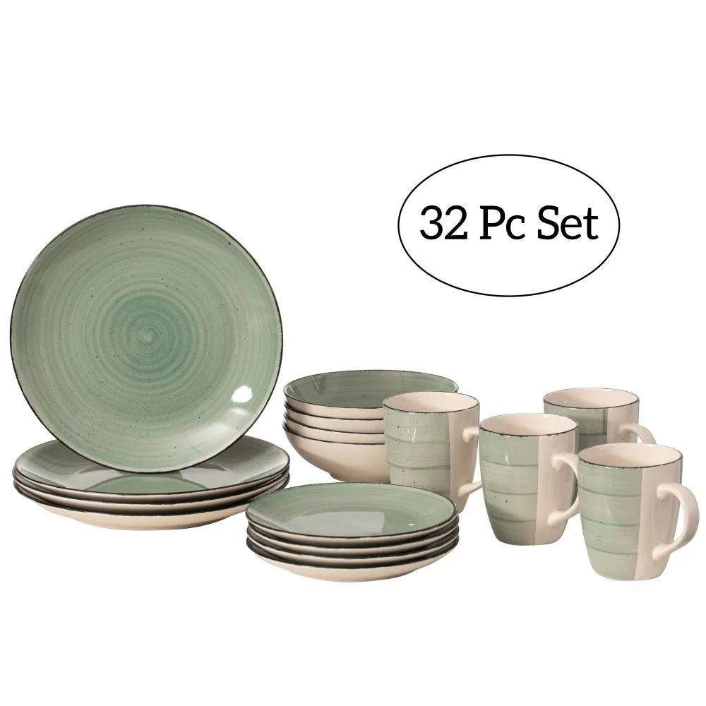 32 PC Spin Wash Dinnerware Dish Set for 8 Person | Mugs, Salad and Dinner Plates and Bowls Sets, Dishes with Highly Chip and Crack Resistant, Dishwasher and Microwave Safe, Green