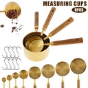 Ihvewuo 8Pcs Measuring Cup and Spoon Set Stainless Steel Cup Measurement Set with Wooden Handle Portable Measuring Spoons Set with 8 Hooks Reusable Measuring Cup Spoons for Kitchen Home Baking (Gold)