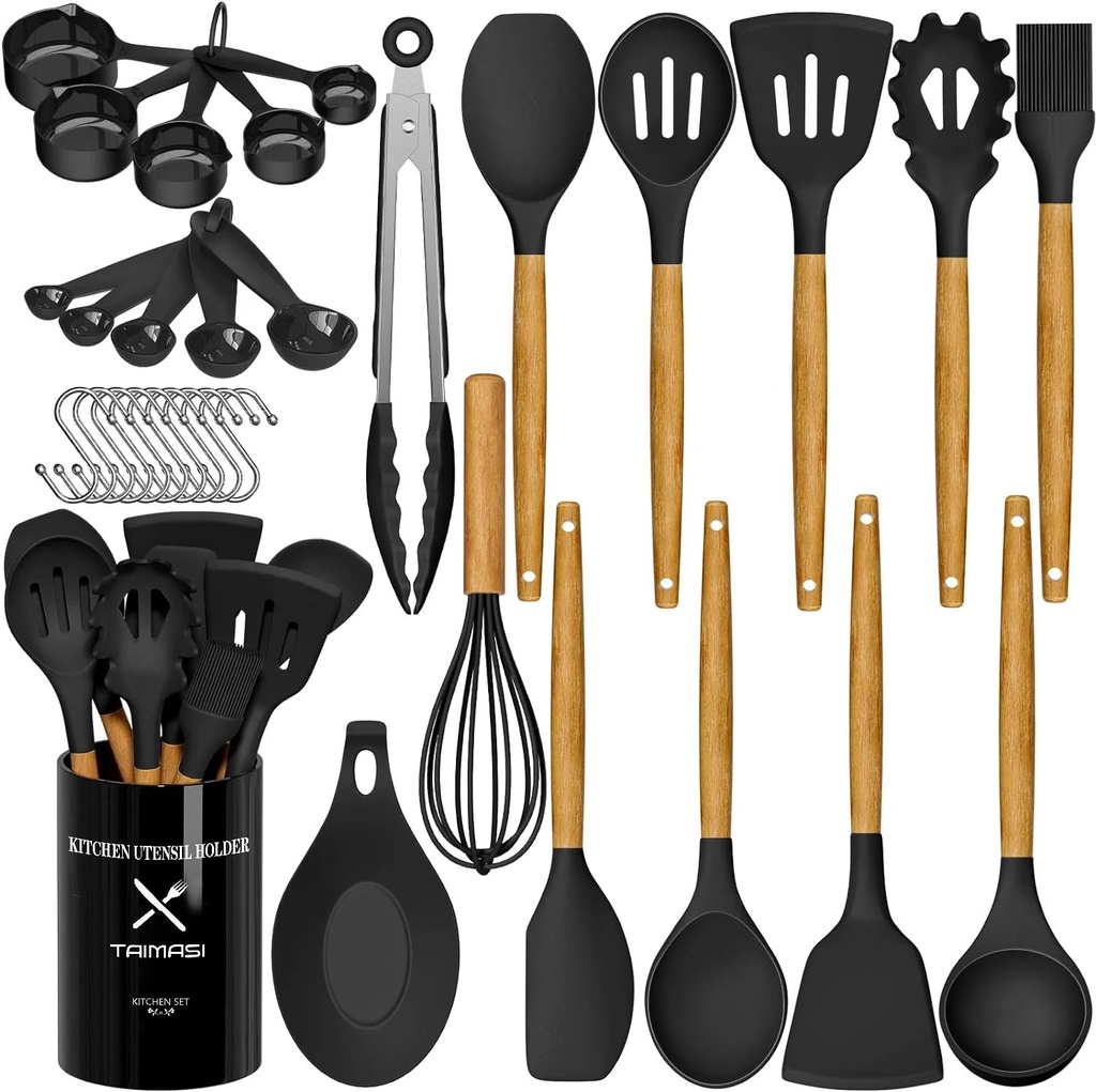 Silicone Cooking Utensils Set, 33 Pcs Non-Stick Cooking Kitchen Utensils Set with Holder, Wooden Handle Gadgets Utensil Set (Black)
