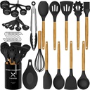 Silicone Cooking Utensils Set, 33 Pcs Non-Stick Cooking Kitchen Utensils Set with Holder, Wooden Handle Gadgets Utensil Set (Black)