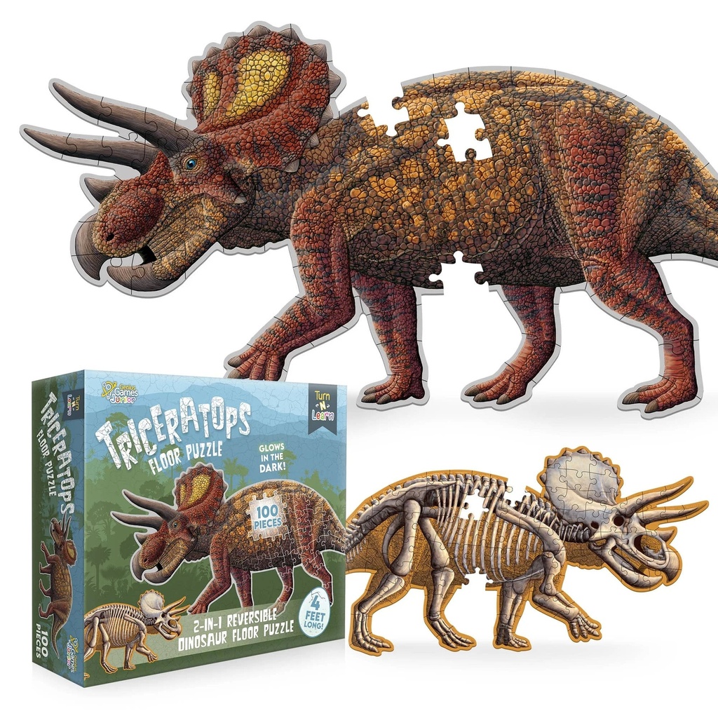 Triceratops Dinosaur Jigsaw Puzzle | 100-Piece Double Sided Floor Puzzle with Glow-In-The-Dark Skeleton on Other Side | 4 FT Scientifically Accurate Dino Illustration | Educational Toy for Kids
