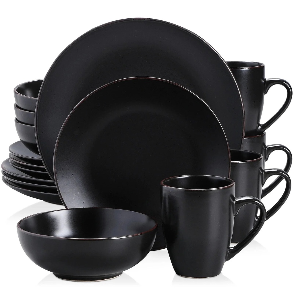 16 Piece Pottery Dinner Set Black Stoneware Tableware Set with Dinner Plate,Dessert Plate,Bowls,Cup,, Black Plates and Bowls Sets