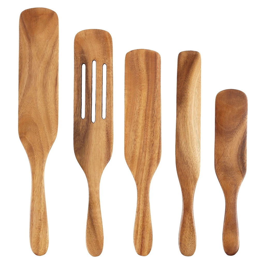 Deago 5 Pcs Wooden Cooking Utensils Natural Teak Kitchen Tools Set Heat Resistant Non Stick Wood Cookware Slotted Spurtle Spatula for Stirring, Mixing, Serving