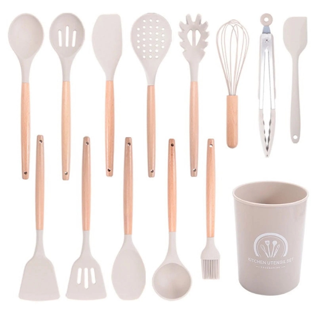 Donepart 14-Piece Silicone Cooking Utensils Set, Heat Resistant, Bpa-Free with Wooden Handles, Holder (Khaki)