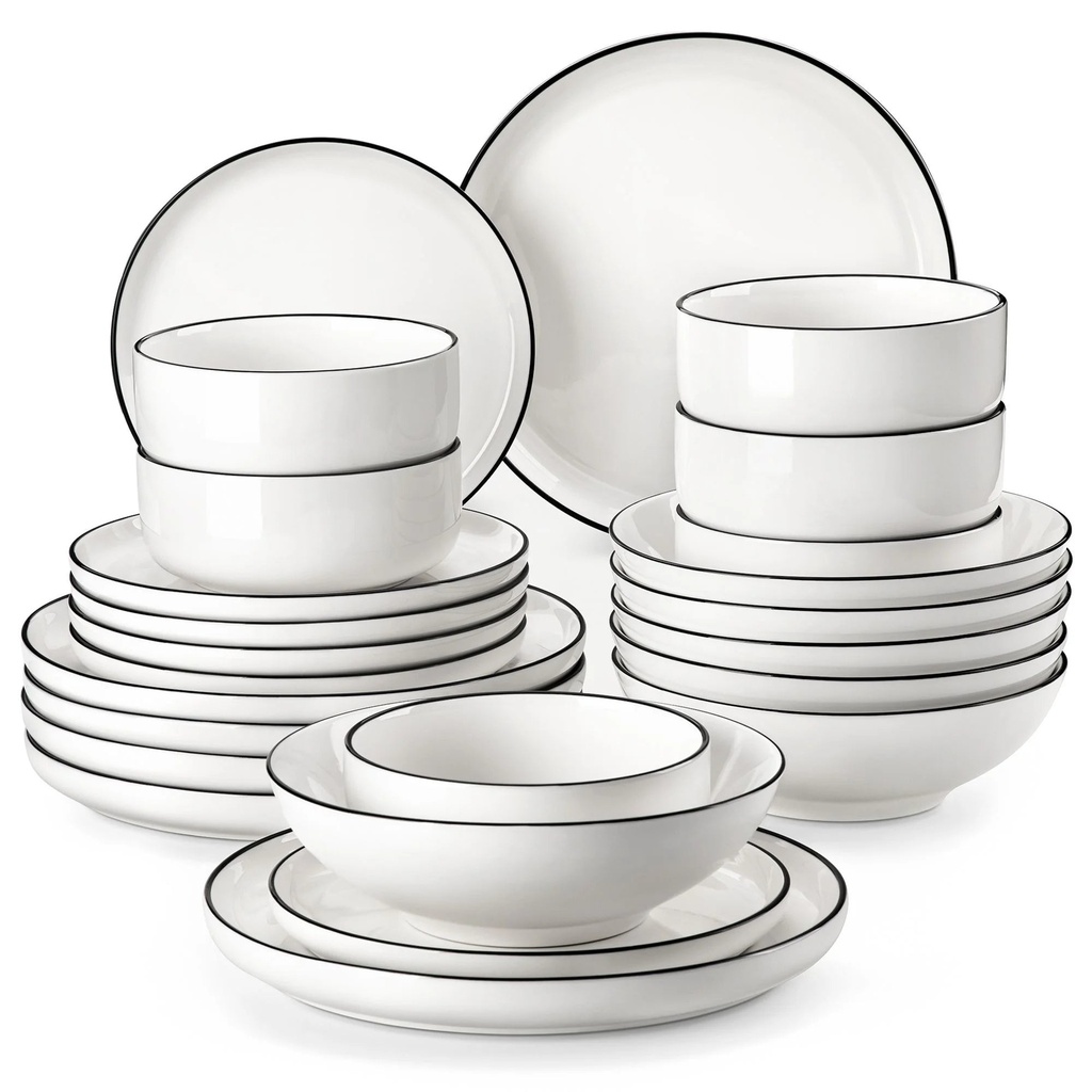 MALACASA 24 Pieces Dinnerware Sets, Plates and Bowls Set for 6, Porcelain Dinner Set, White with Black Rim