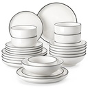 MALACASA 24 Pieces Dinnerware Sets, Plates and Bowls Set for 6, Porcelain Dinner Set, White with Black Rim