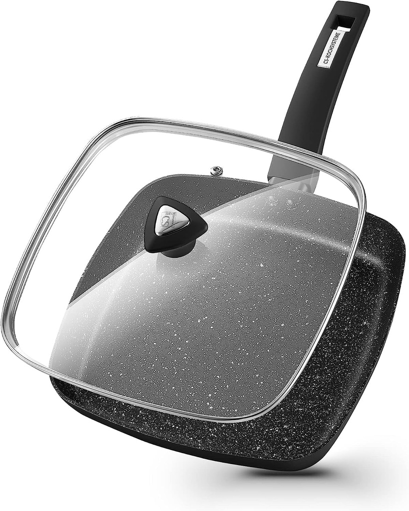 CS KOCHSYSTEME 10" Nonstick Frying Pan with Lid - Sauce Pan for All Stoves and Induction Cooker, Ultimate Nonstick, 100% Toxic-Free, Easy to Clean, Deep Square Omelette Pans for 2-3 People