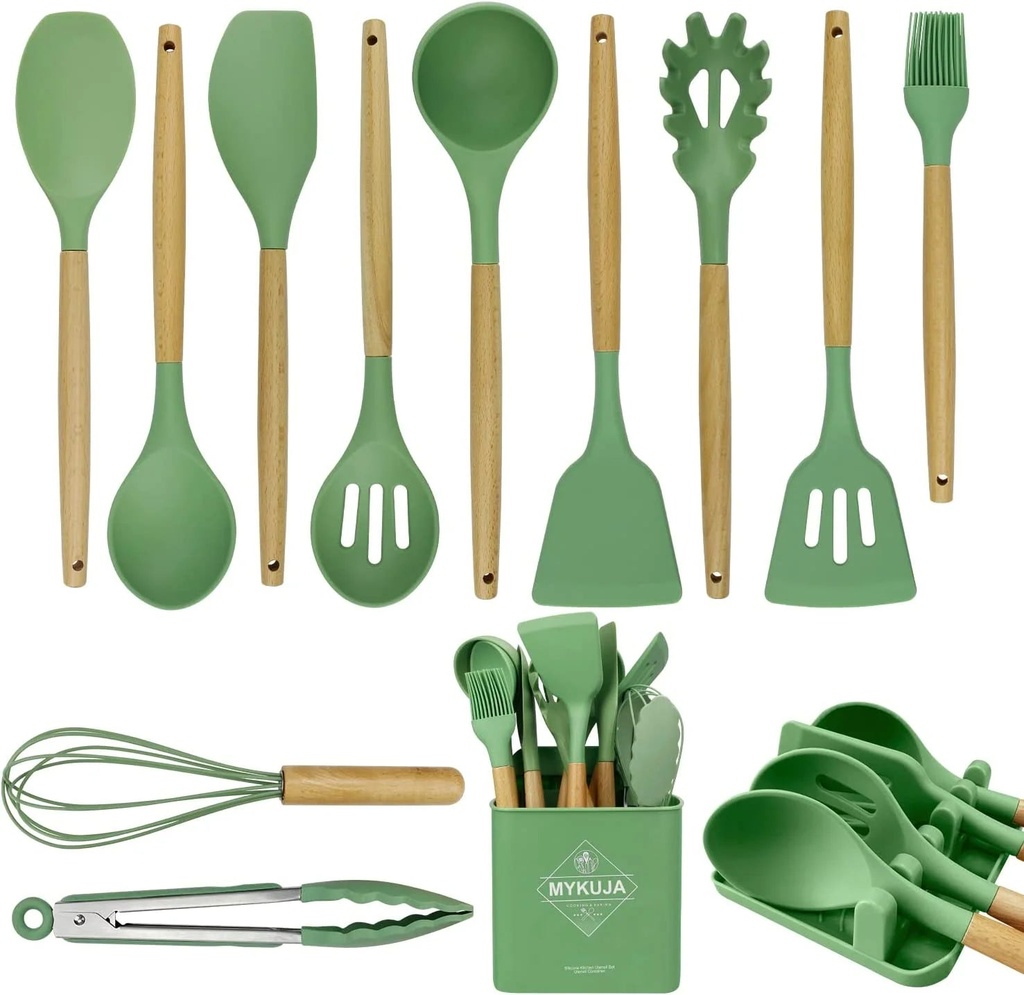 Green Kitchen Utensils Set for Cooking - Heat Resistant Silicone Cooking Utensils Set 13PCS Kitchen Food-Grade Silicone Non-Stick Bpa-Free Dishwasher Safe