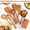 DERCLIVE Kitchen Spatula Set, Wooden Kitchen Utensils Spoons Non Stick Spatula Cooking Utensils Teak Wood Utensil, Cooking Accessories Gadgets, Dish Washable (9 Pack)