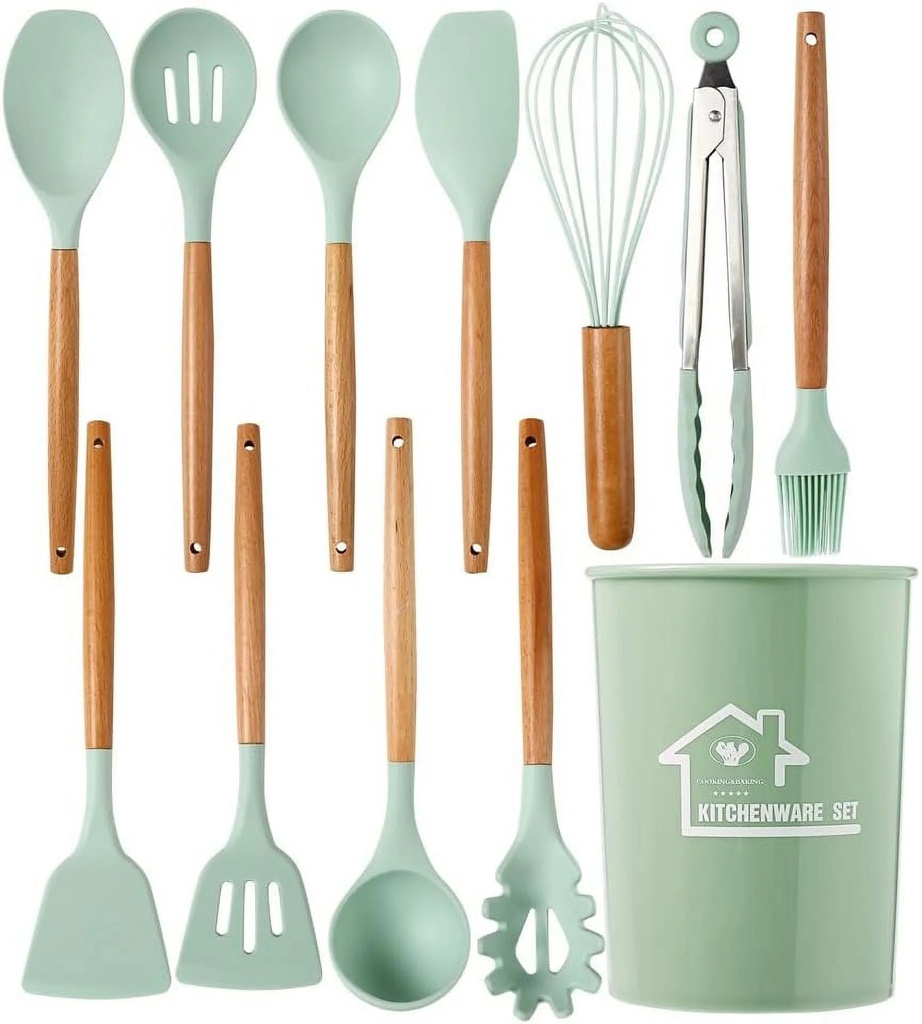 Silicone Cooking Utensils Set - 446°F Heat Resistant Silicone Kitchen Utensils for Cooking,Kitchen Utensil Spatula Set W Wooden Handles and Holder, BPA FREE Gadgets for Non-Stick Cookware
