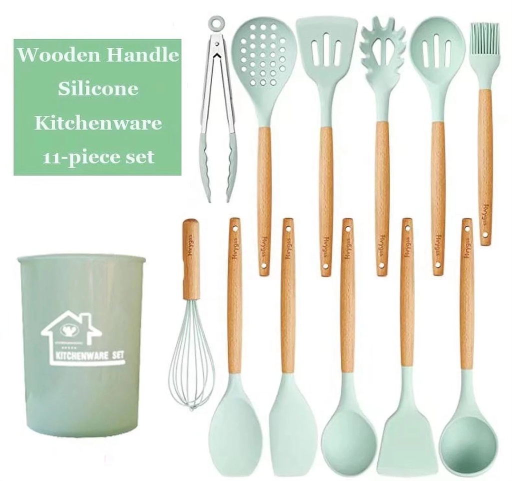 12-Piece Kitchen Silicone Cooking Utensils Set with Holder, Stainless Steel Kitchen Utensils Set(Light Green)