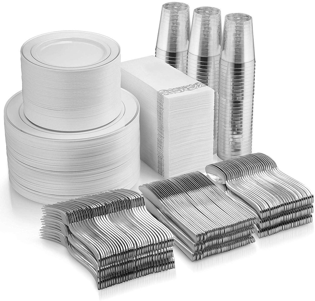 700 Piece Silver Dinnerware Set - 200 Silver Rim Plastic Plates - 100 Silver Plastic Silverware - 100 Silver Plastic Cups - 100 Linen like Silver Napkins, 100 Guest Disposable Silver Dinnerware Set