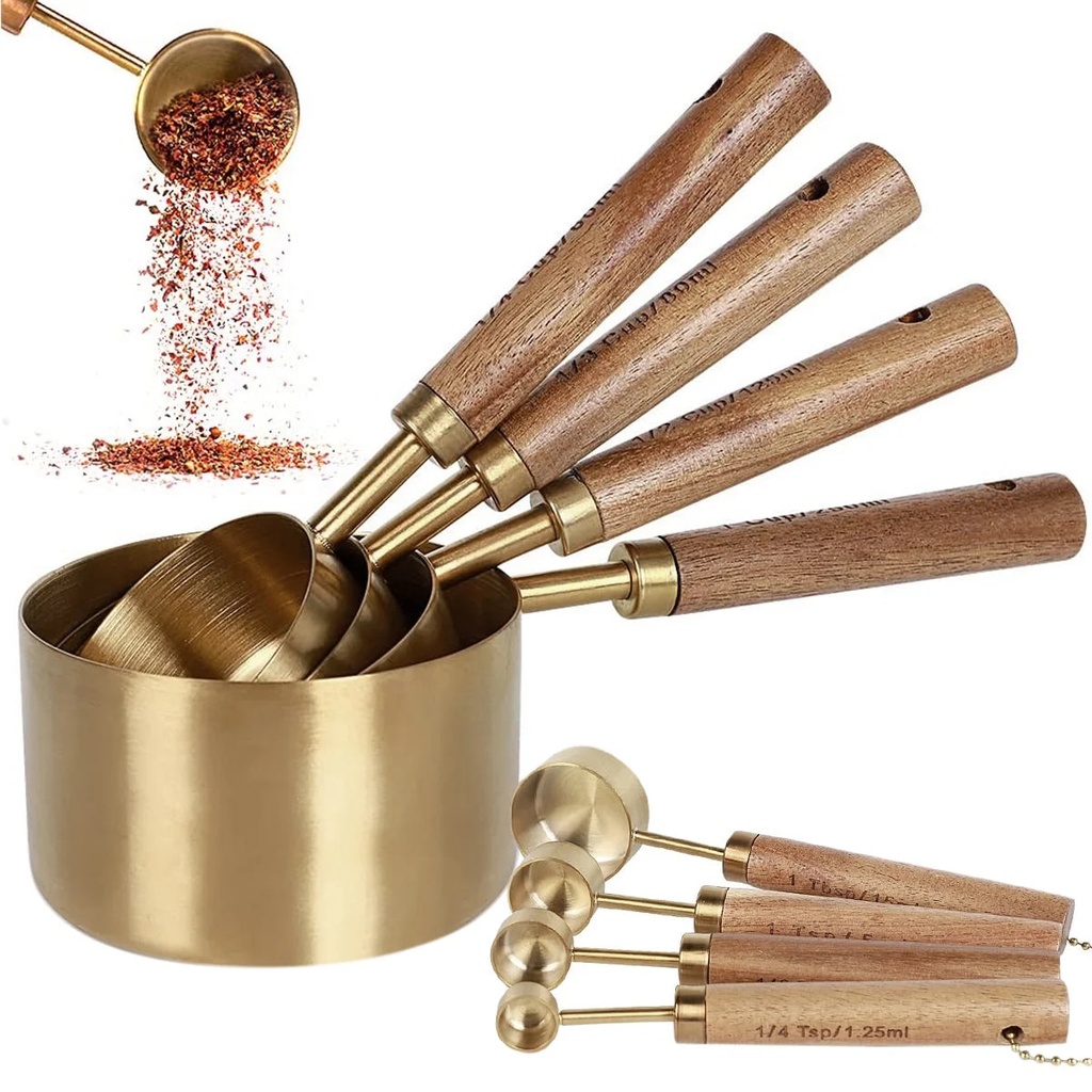 FUYGRCJ Measuring Spoons and Cups Gold of 8, Wood Handle with Metric and US Measurements, Gold Mesuring Cups, Gold