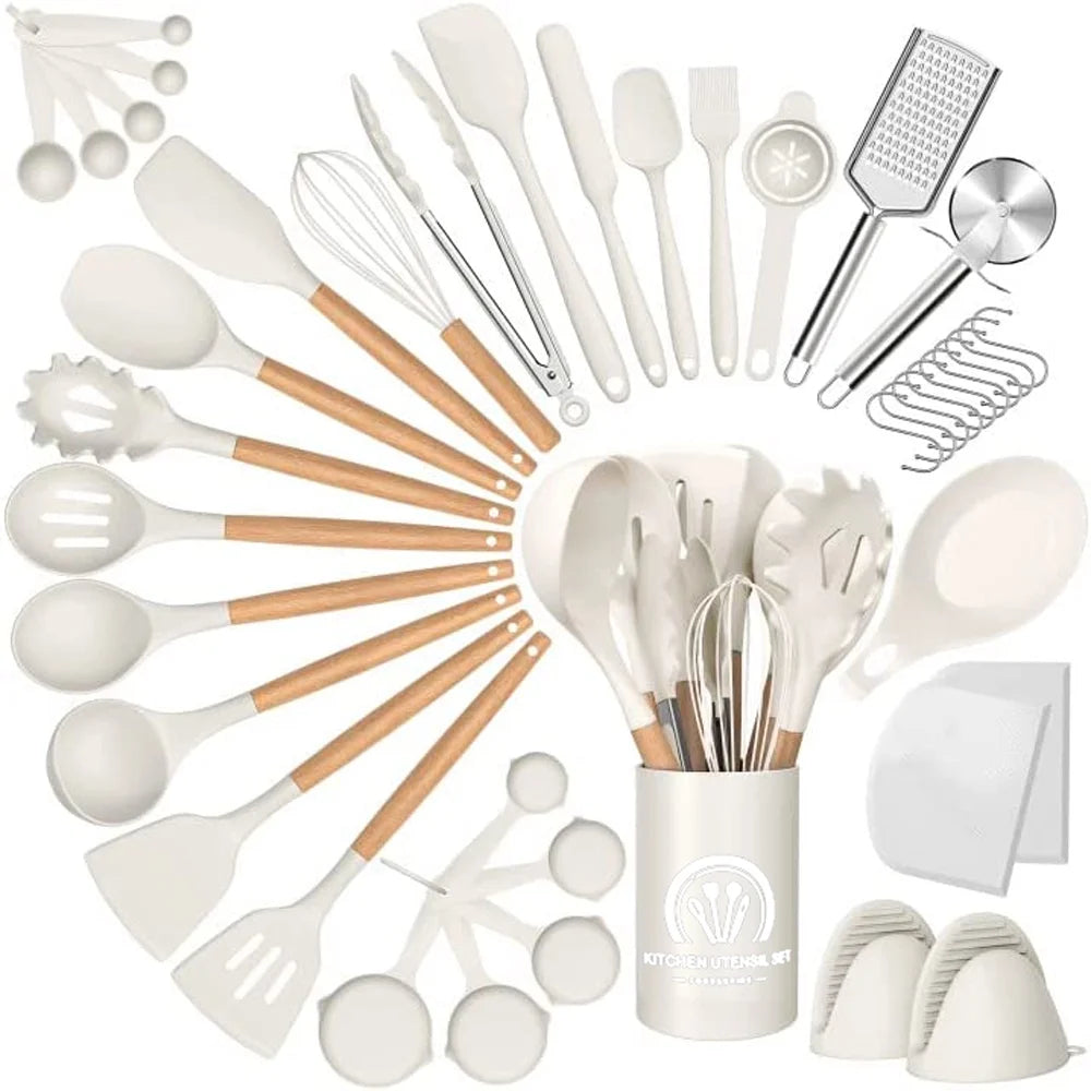 Caannasweis 44 Pieces Kitchen Cooking Utensils Set Non-Stick Silicone Cooking Kitchen Utensils Spatula Set with Holder White