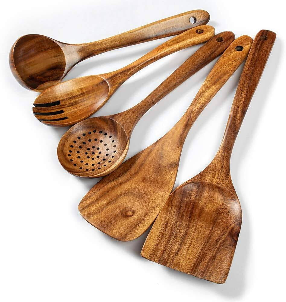 Anoak Wooden Spoons for Cooking - 5 Piece Wooden Kitchen Utensils for Cooking with Utensils Holder, Natural Teak Wooden Kitchen Utensils Set with Wooden Spoon Rest, Comfort Grip