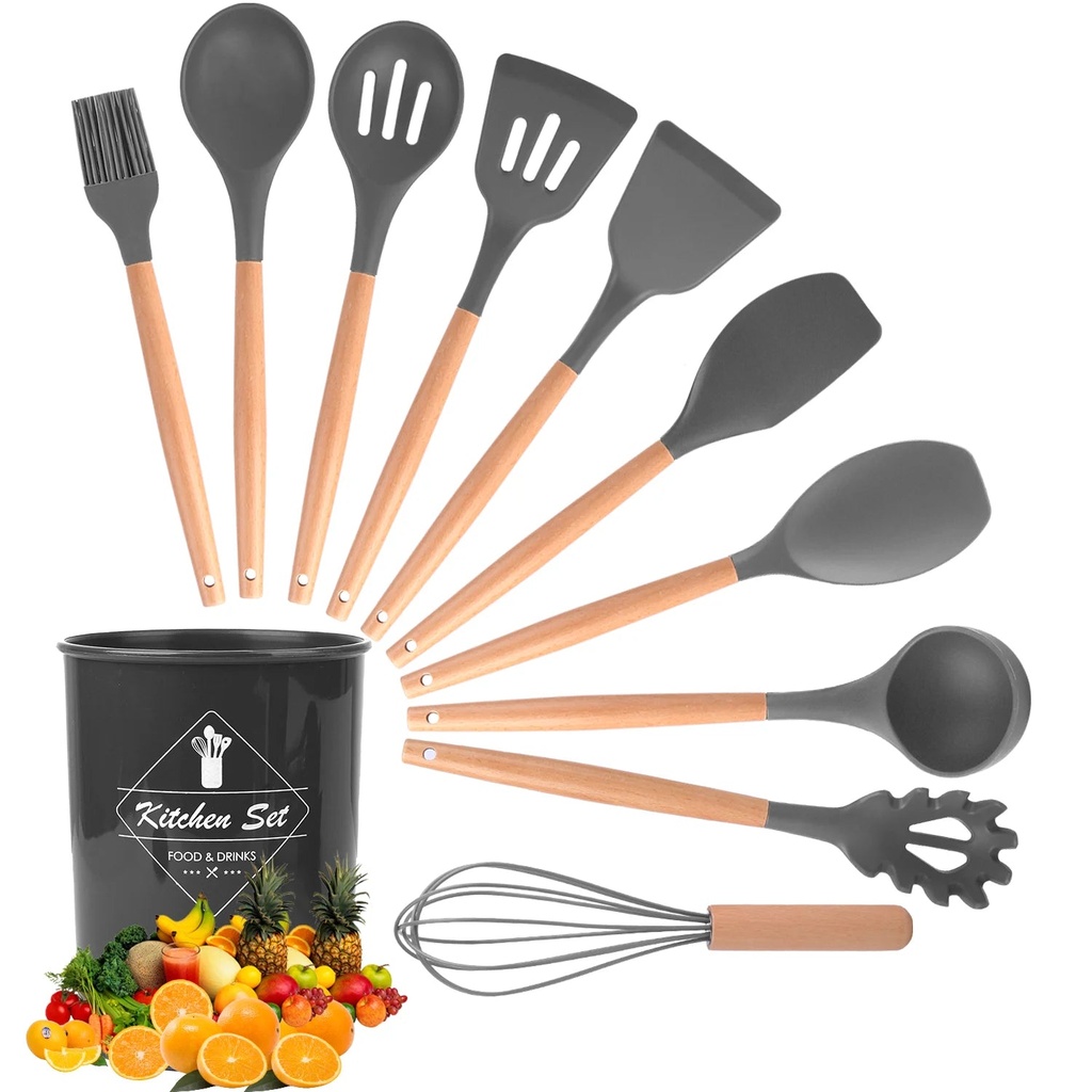 BCOOSS Silicone Cooking Utensils Set with Holder Wooden Handle Heat Resistant Kitchen Utensil Set 11Pcs