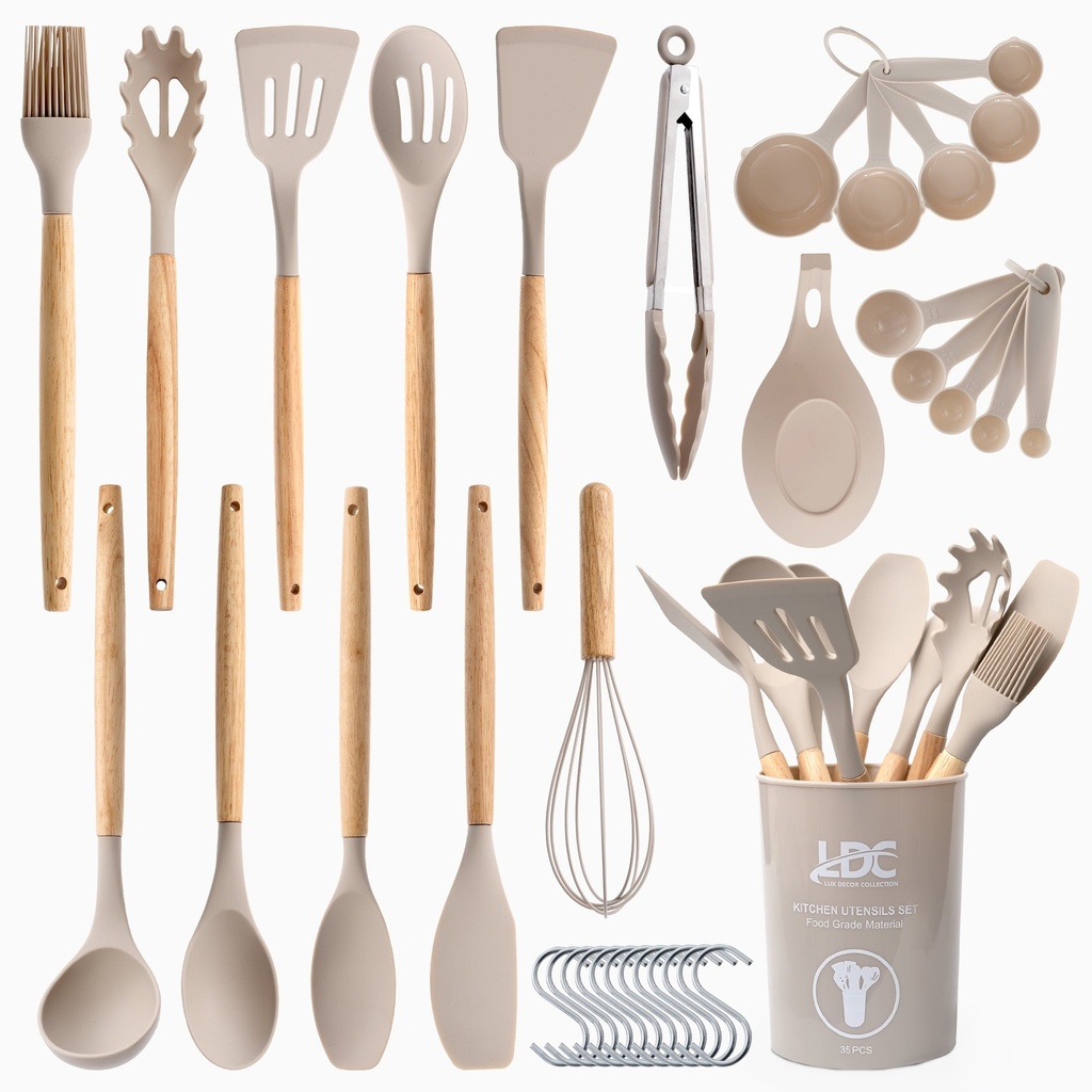 Lux Decor Collection 35 Piece Kitchen Utensils Set - High Heat Resistant Wooden Handle Silicone Cooking Utensils Set with Utensils Holder, BPA Free Cookware - Dishwasher Safe Kitchen Utensils - Khaki