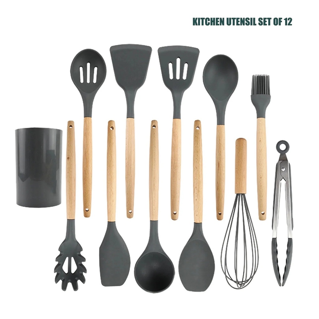 12-Piece Silicone Kitchen Cooking Utensil Set, BPA Free Silicone Spoon Spatula Turner Tongs Kitchen Gadgets Utensil Set W Wooden Handles, Cooking Gadgets for Non-Stick Cookware, Gray