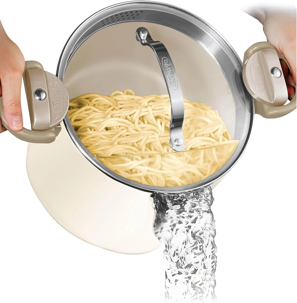 Gotham Steel Large Stock Pot 8 Quart Cooking Pasta Pot Nonstick Big Ceramic Soup Pot with Glass Lid Strainer Cream