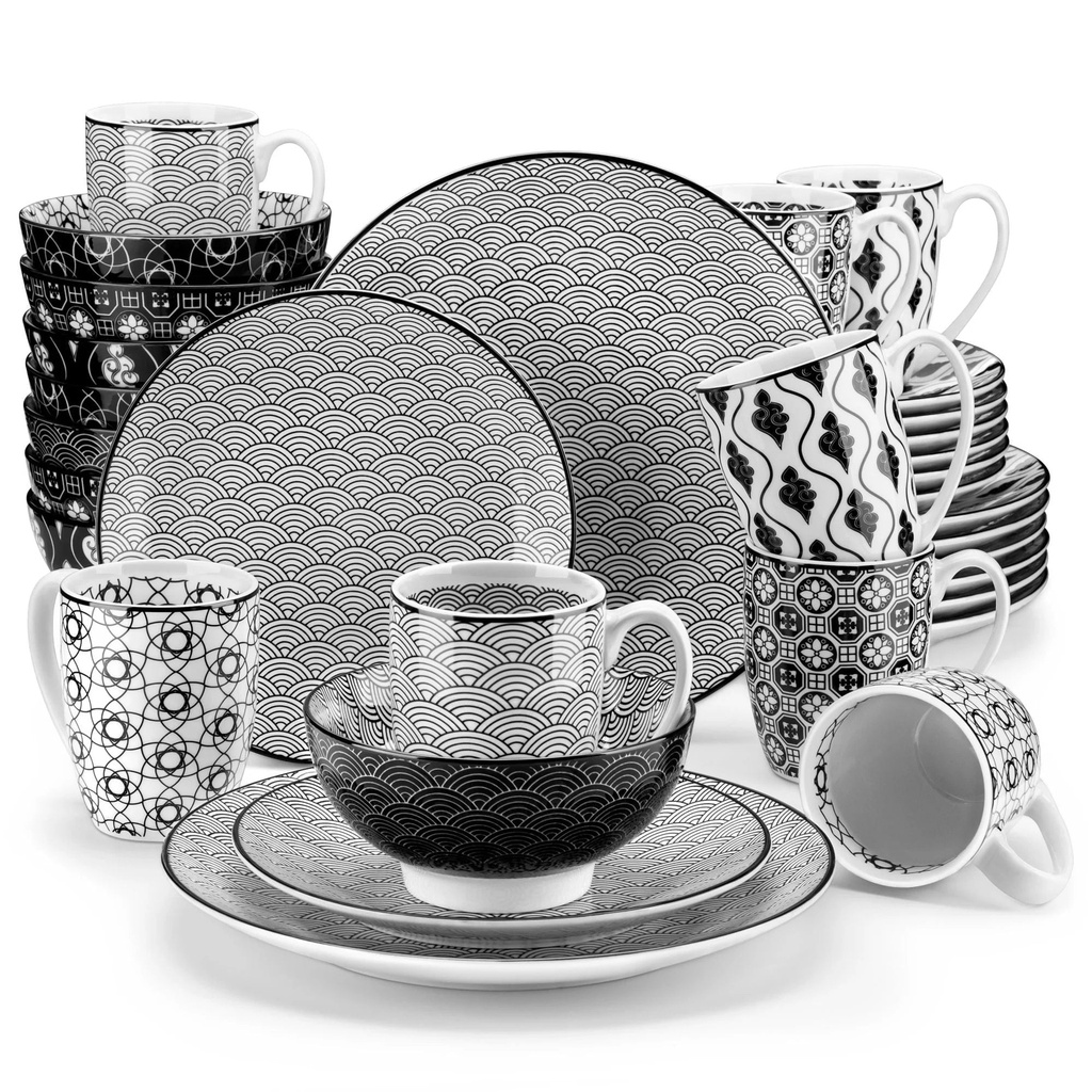 Vancasso, 32-Piece Porcelain Dinnerware Set, Black White Dinner Set, Service for 8