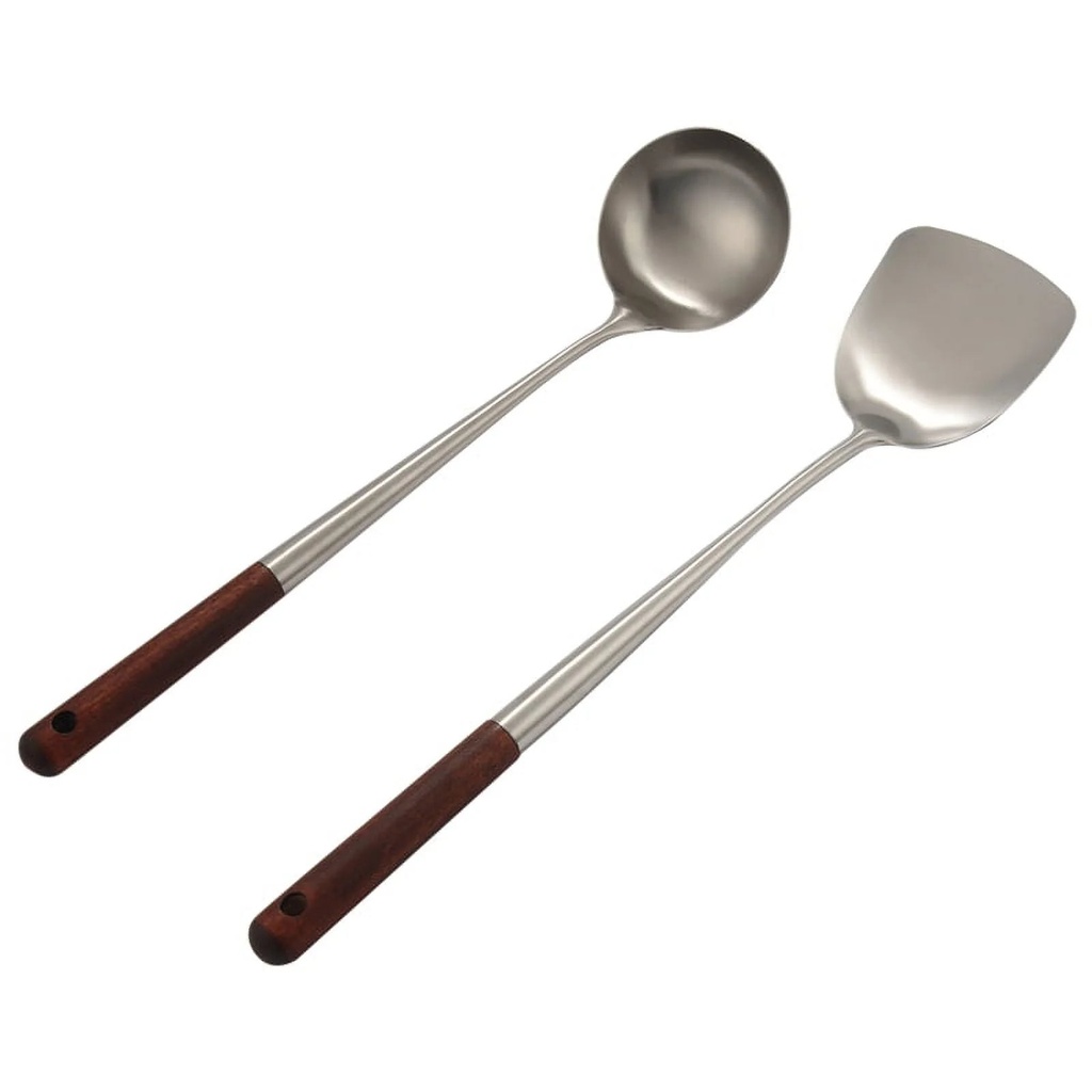 2Pcs Wok Spatula and Ladle Tool Set 17 Inches Spatula for Wok Stainless Steel Silver