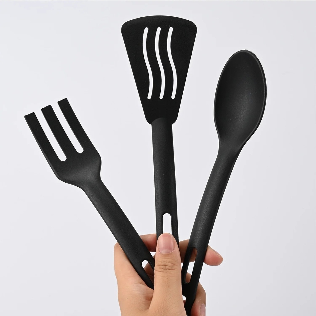 3Pcs Anti-Scratch Nylon Kitchen Utensils Set, Slotted Spatula, Cooking Spoons & Slotted Spoon Black