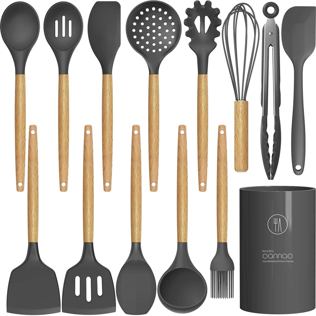 Oannao Silicone Cooking Utensils Set - 446°F Heat Resistant Silicone Kitchen Utensils for Cooking,Kitchen Utensil Spatula Set W Wooden Handles,Holder, BPA FREE Gadgets for Non-Stick Cookware (Grey)