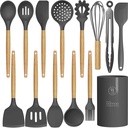 Oannao Silicone Cooking Utensils Set - 446°F Heat Resistant Silicone Kitchen Utensils for Cooking,Kitchen Utensil Spatula Set W Wooden Handles,Holder, BPA FREE Gadgets for Non-Stick Cookware (Grey)