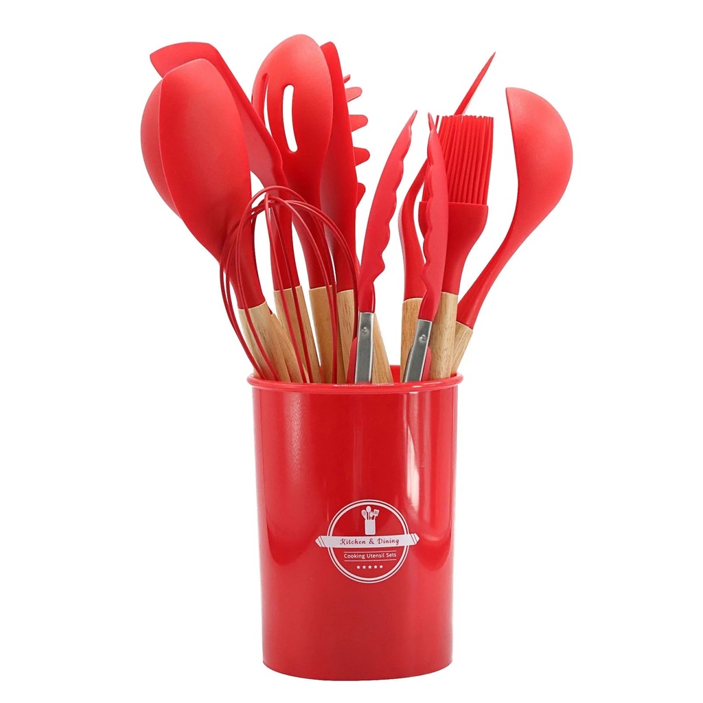 PTJKU 12-Piece Non-Stick Pan Safe Kitchenware Set with Wooden Handles - BPA Free, High Heat Resistance, Durable Cooking Tools, Easy Clean Red