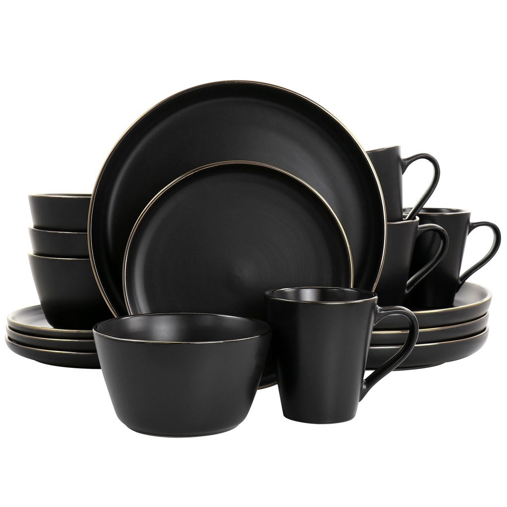 Elama Stoneware Dinnerware 16 Piece Set in Black with Gold Rim