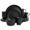 Elama Stoneware Dinnerware 16 Piece Set in Black with Gold Rim