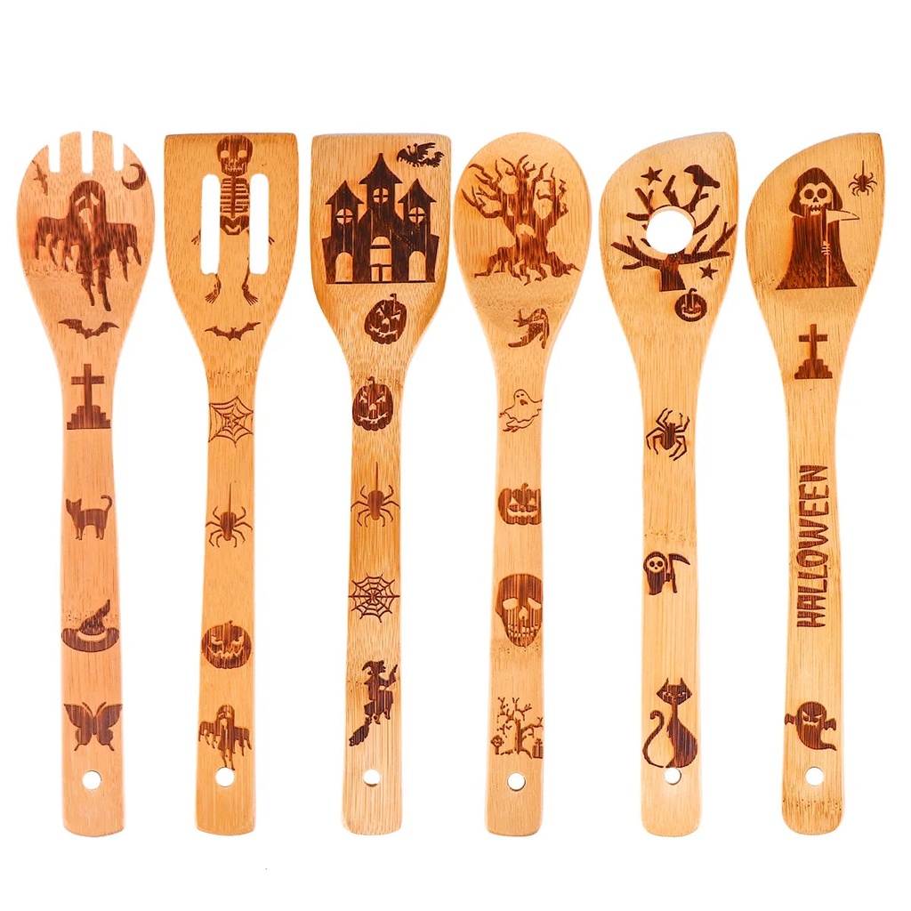 NUOLUX 6Pcs Eco-Friendly Wooden Cooking Spatula Kitchen Halloween Carved Utensil Set