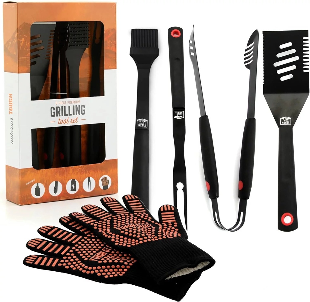 Yukon Glory 5Pc Premium Grilling Tools Set with Spatula, Gloves, Tongs, Grill Brush, Meat Fork