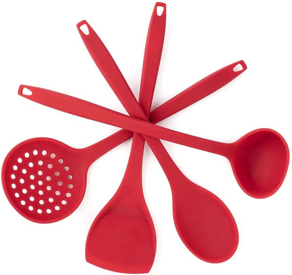 KSEDANLO Silicone Cooking Utensils Set, Long Silicone Spatula Ladle and Spoon Set Heat Resistant Kitchen Utensils, Red